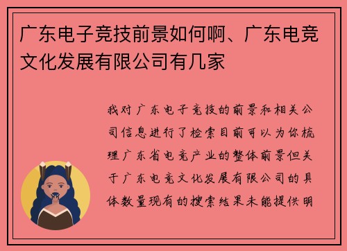 广东电子竞技前景如何啊、广东电竞文化发展有限公司有几家