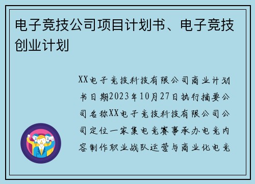 电子竞技公司项目计划书、电子竞技创业计划
